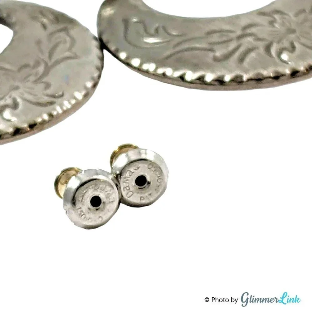 Vintage Dama Silver Tone Tiered Hoop Floral Etched Dangle Earrings